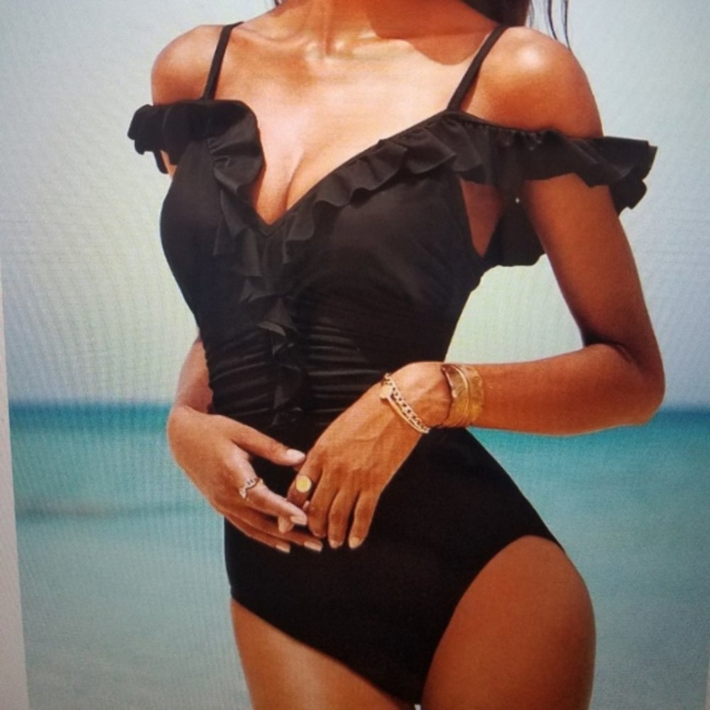 Black One Piece Swimsuit w/ Off Shoulder Ruffles